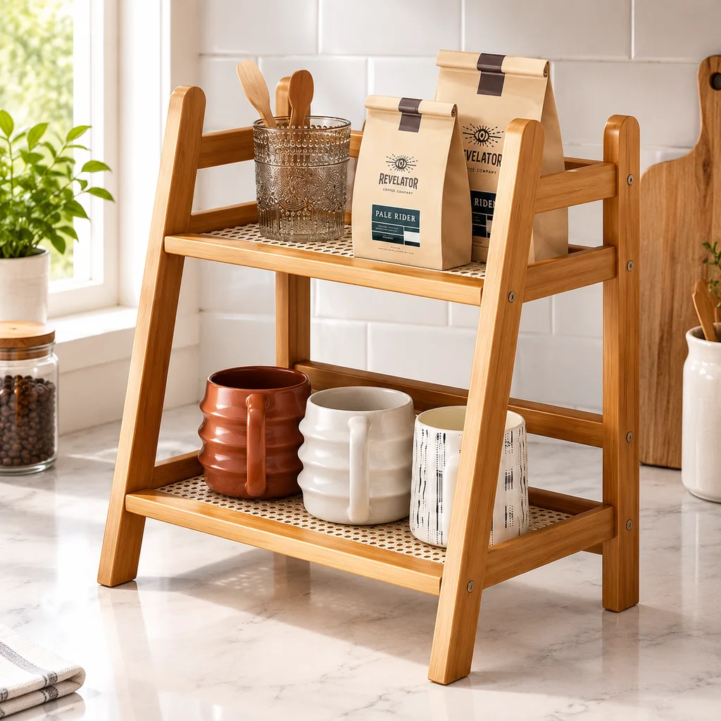 2-Tier Wooden Countertop Storage Rack, A Frame Desktop Organizer Shelf for Mug, Spice Jar, Cosmetic, Kitchen Counter Decor