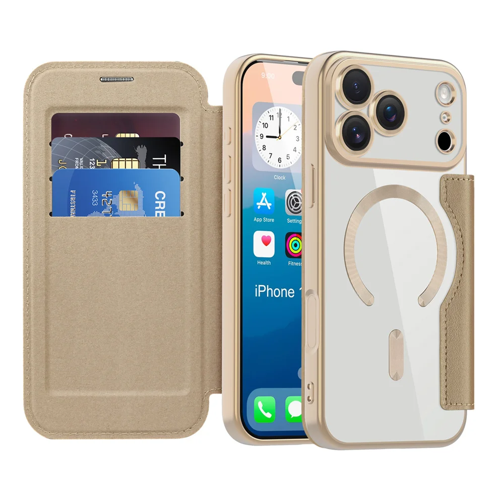 Voor Magsafe Clear Flip Leather Slot Card Bag Holder Magnetische telefoonhoes voor iPhone 17 Pro Max Air Wireless Charging Wallet Cover