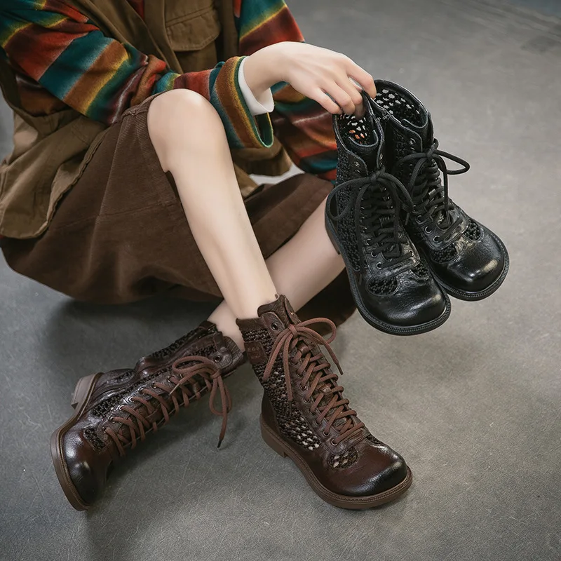 

2.5cm Cow Genuine Leather Flats Platform Wedge Shoes Summer Elthnic Mary Jane ZIP Hollow Rubber Ankle Booties Women Comfy