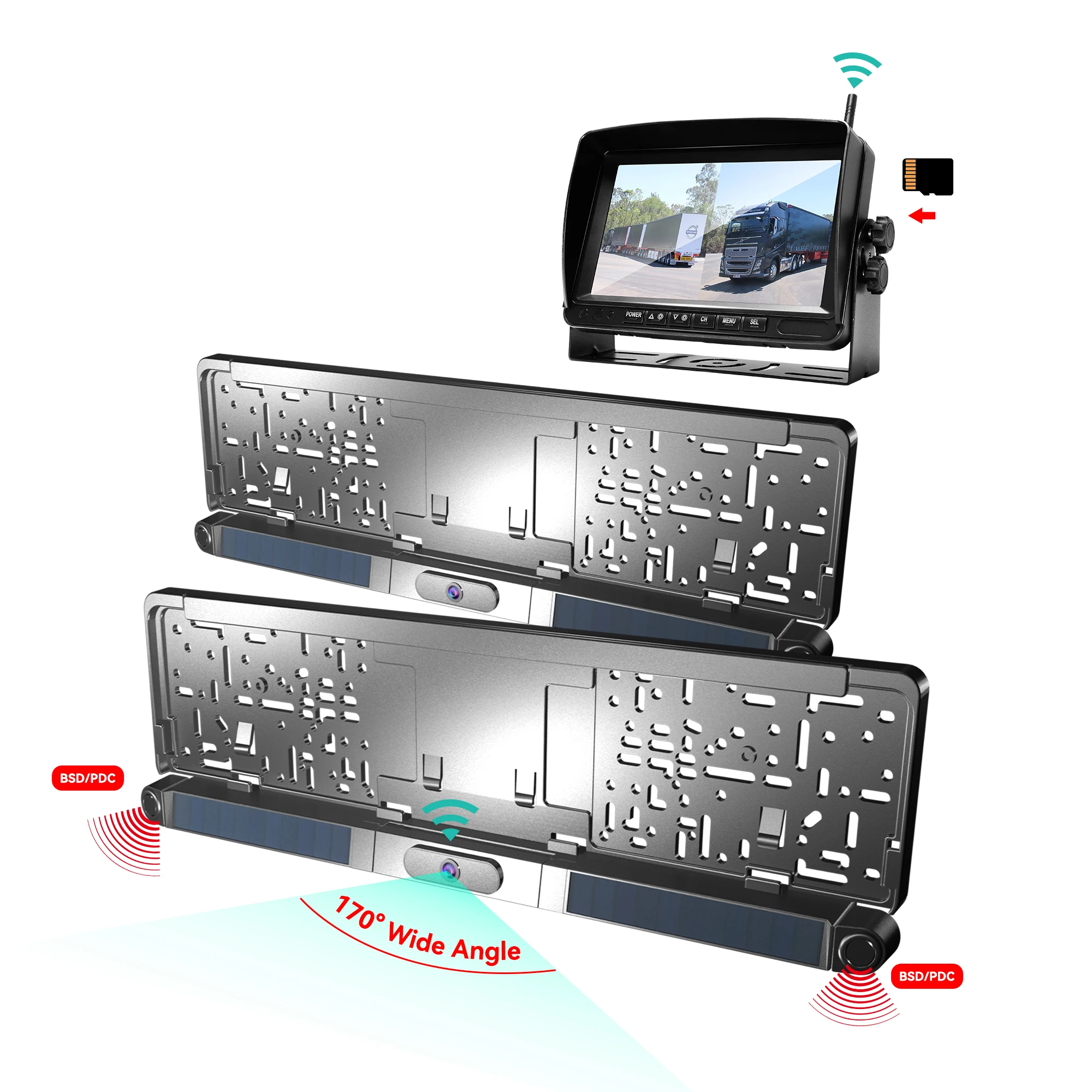 DIY Wireless Solar WiFi HD Car Front Rear View European Plate Frame Parking Cameras PDC Sensor with 7 Inch Monitor Recorder