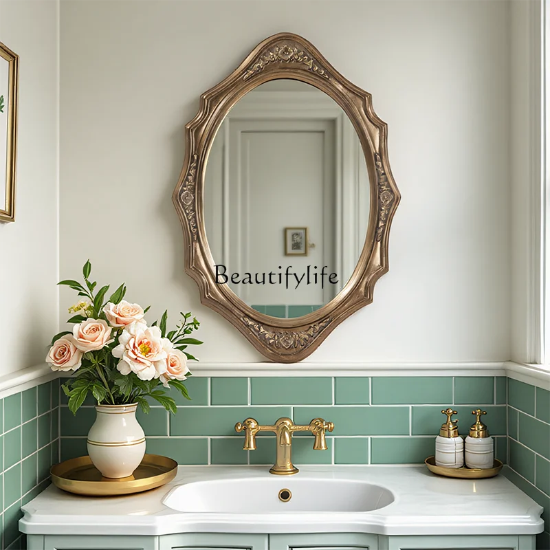 French retro bathroom light luxury wall hanging LED smart makeup mirror European entrance fireplace oval decorative mirror