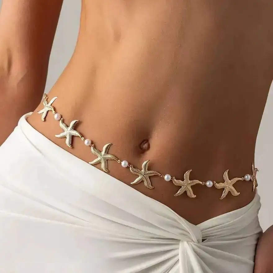 SHIXIN Boho Metal Starfish Scallop Waist Belly Chain Women Summer Beach Sexy Bikini Imitation Pearl Beaded Belly Chains Jewelry