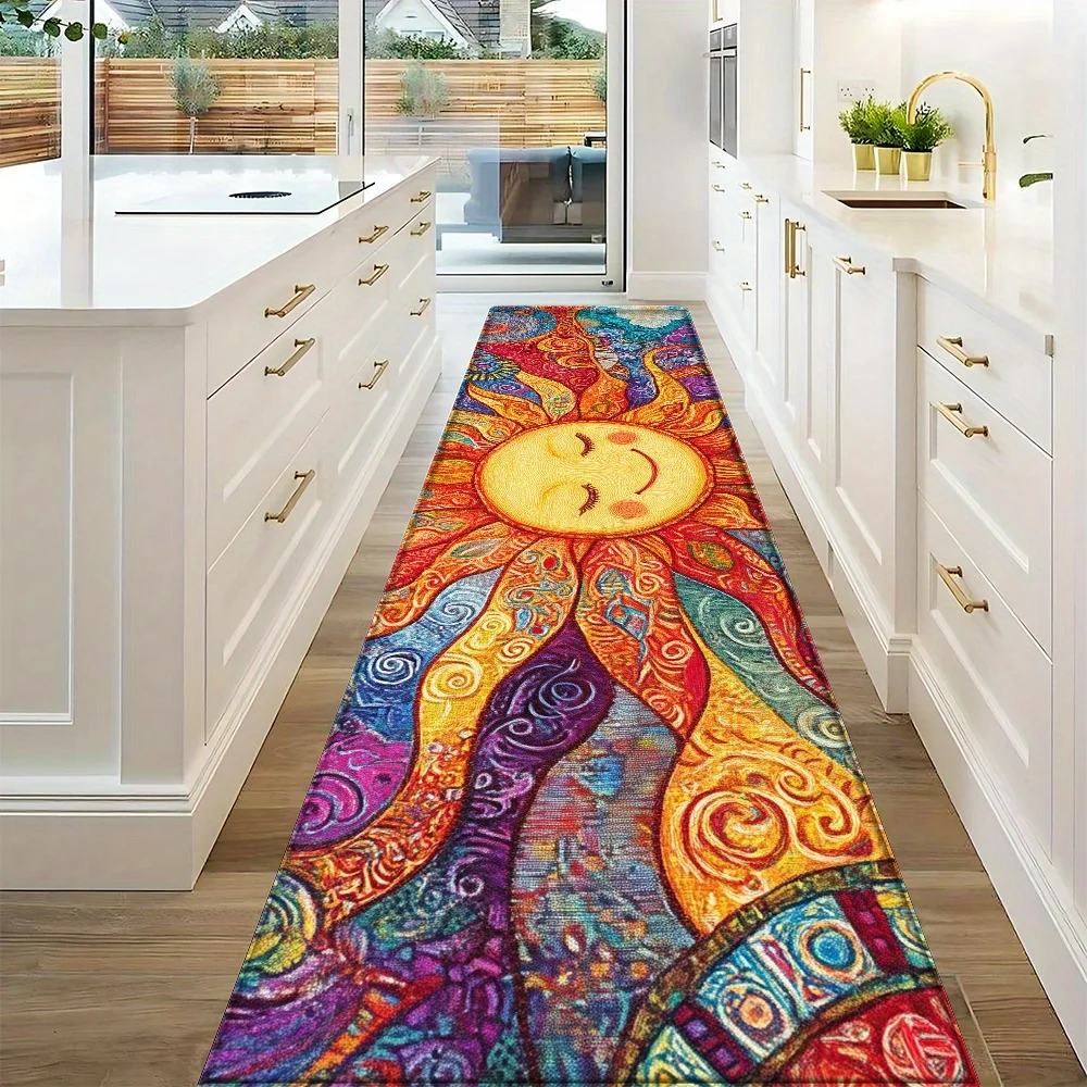 VIKAMA Bohemian Painted Sun Smiling Face Long Carpet, Anti-Slip Kitchen Mat, Long Area Rug For The Entrance Corridor Home Decor