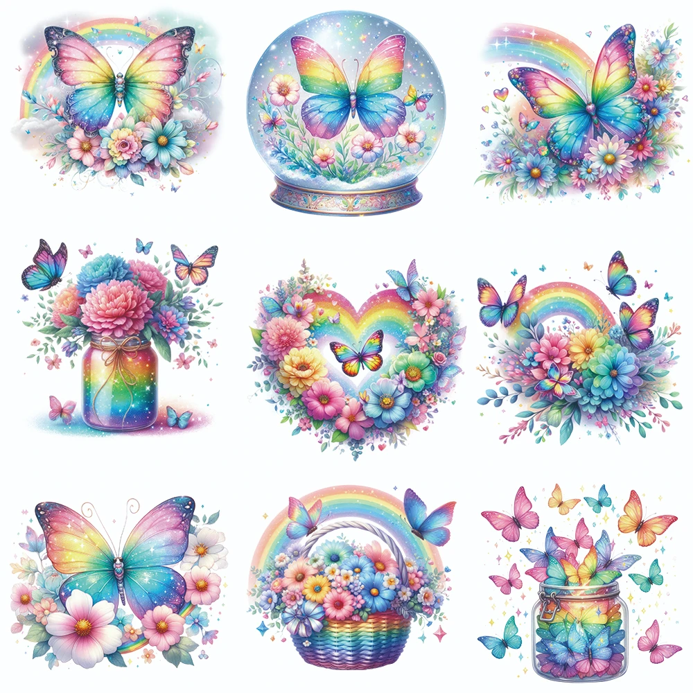 25cm Rainbow Colorful Flower Butterfly Iron-On Transfers Sticker For T-Shirts DIY Washable Heat Transfer For Clothes Stickers