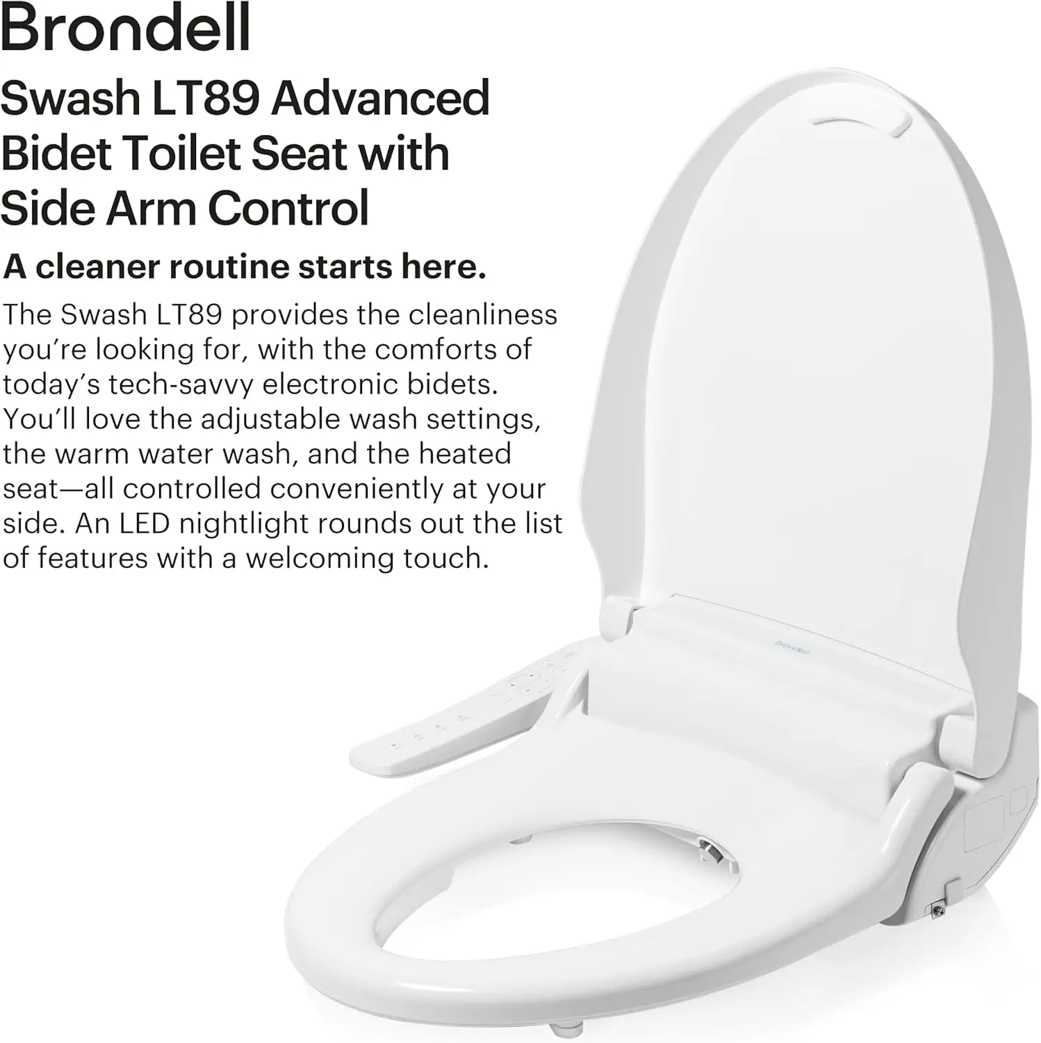 Swash Electronic Bidet Toilet Seat LT89, Fits Elongated Toilets, White – Side Arm Control, Warm Water Wash, Strong Wash Mode