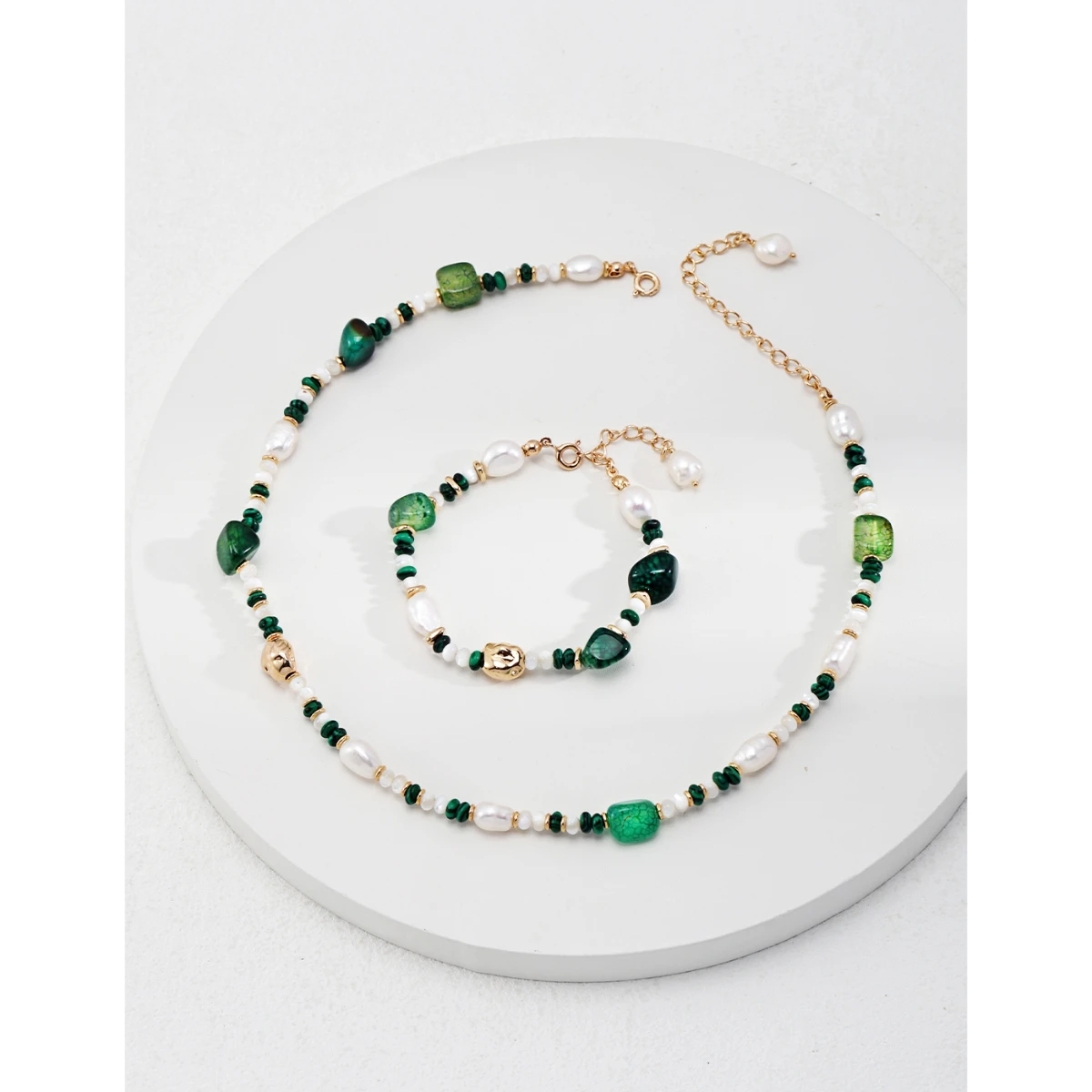 S925 pure silver plated with 18k gold | pearl | blue hole stone | green blue patterned agate | mother of pearl necklace 36+7CM