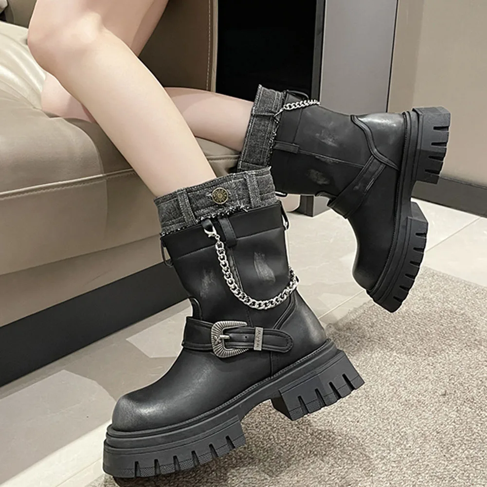 Platform Fold Knee High Boots for Women Punk Belt Buckle Square