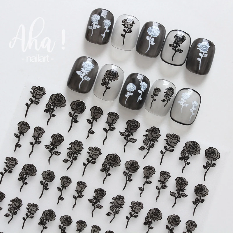 Black White Rose Flower Bride Wedding Nail Sticker Design Half-clear French Line Ribbon Self-adhesive Nail Art Decorations