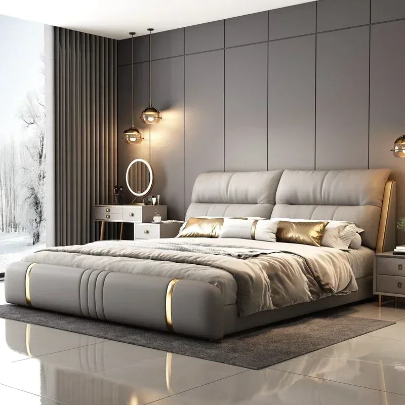 

Элегантная кровать King Size премиум-класса с современным изголовьем и системой хранения, в стиле итальянской виллы, комплект для спальни