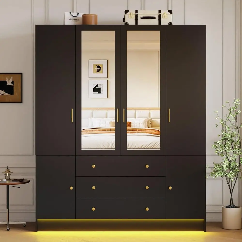 72 High 4-Door Wooden Wardrobe with LED Lights, Mirror & Adjustable Shelves (Black)