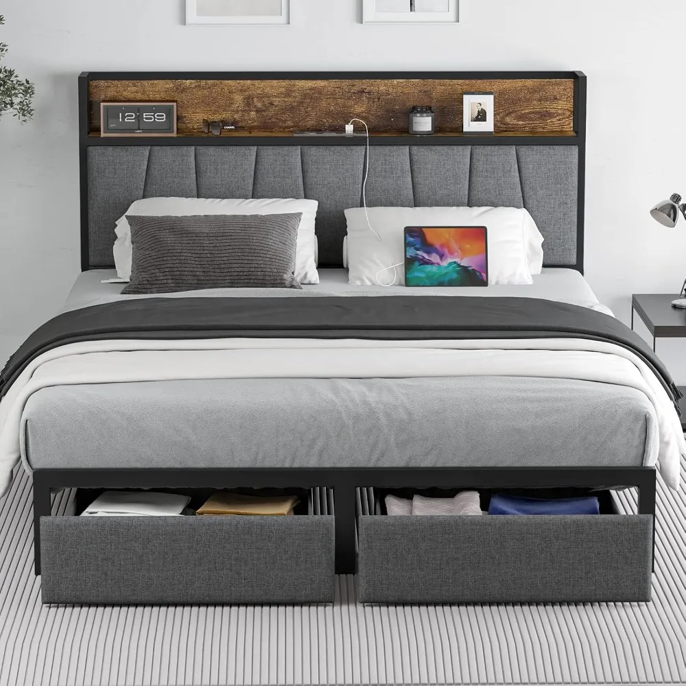 Queen Size Bed Frame with Headboard and Storage, Drawers Platform Bed Frame with Storage Chargin Station LED Light Bedframe, Hea