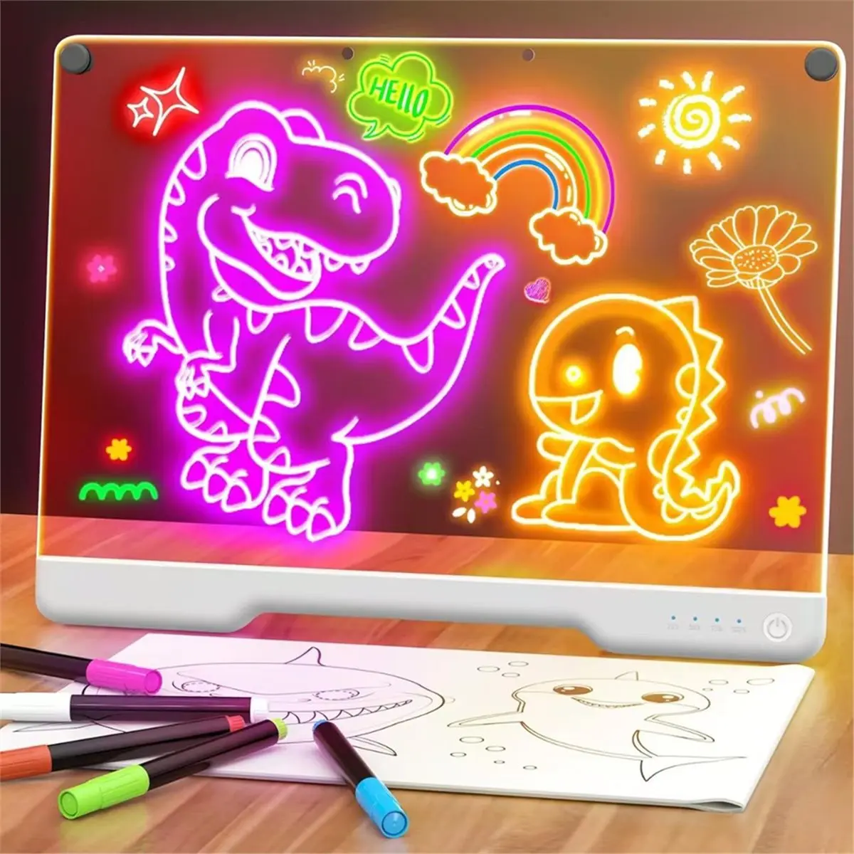 PHONE&GEAR LED Drawing Board for Kids - Rechargeable 8 Color Light Up Acrylic Note Pad with Stand,Gifts for 6-12 Year Old