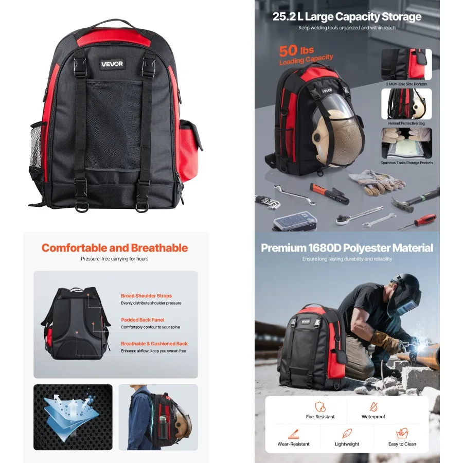 

Сварочный рюкзак VEVOR 25,2 л. Рюкзак сварщика из полиэстера 1680D для инструментов и шлема.