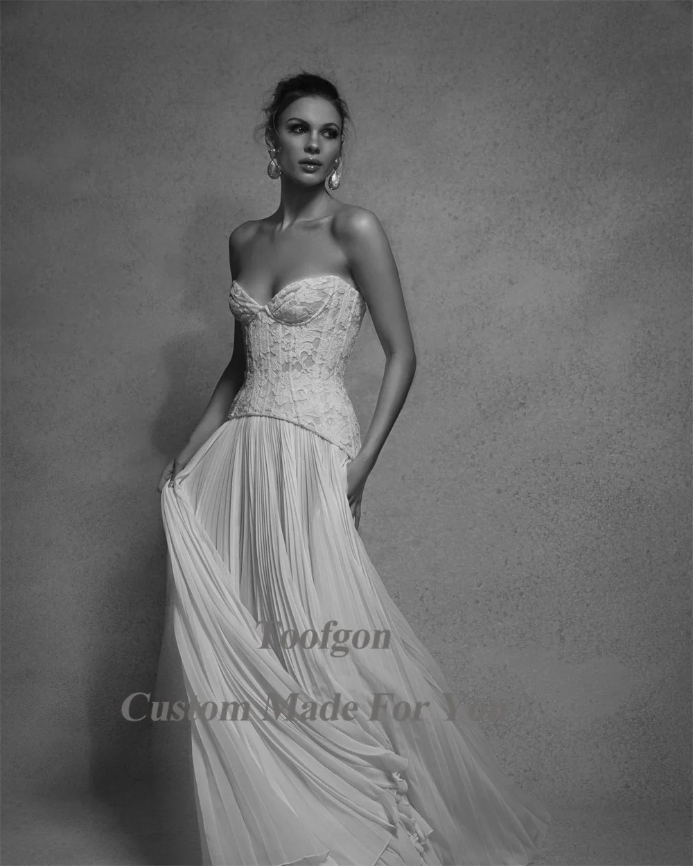 Toofgon Crumpled Chiffon Boho Wedding Dresses 2023 Lace Bridal Gowns Floor Length Princess Countryside Women Bride Party Dress