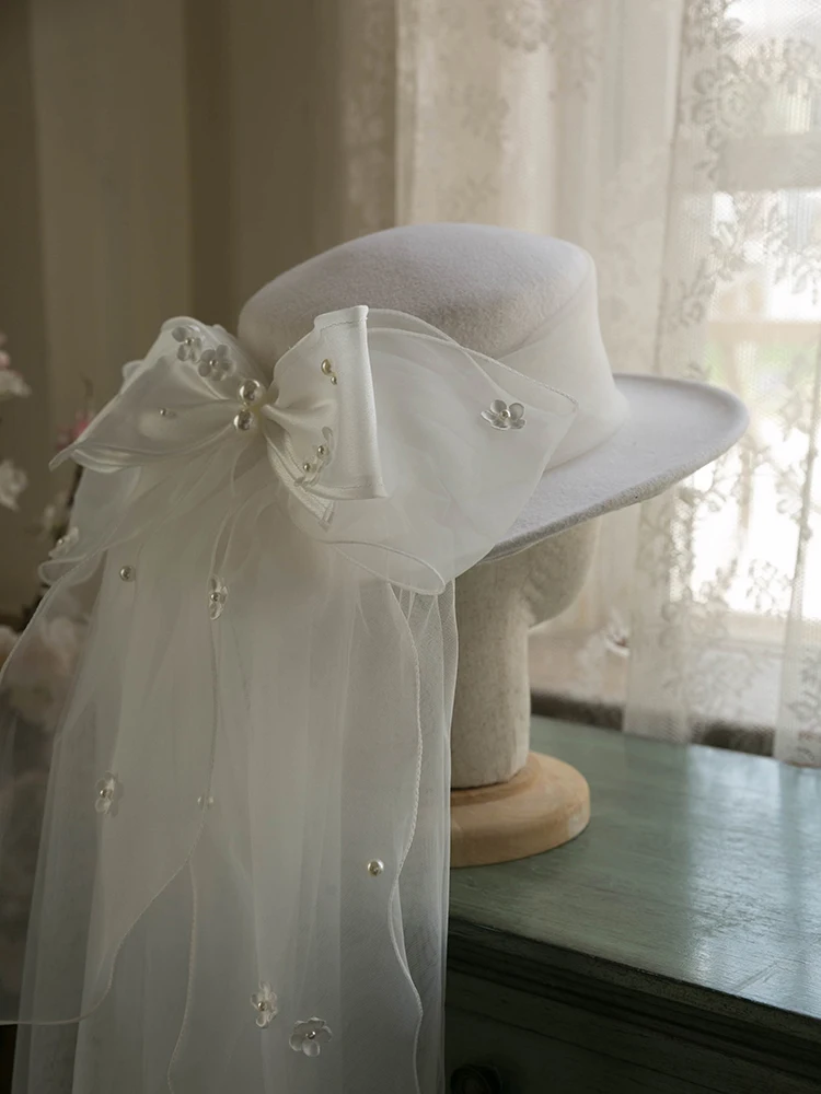 

White Wool Flat Jazz Cap Long Bow mesh Fedoras Elegant Ladies Pure Wool Felt Wedding Hat Warm Autumn Pillbox Sombrero Cap 2022