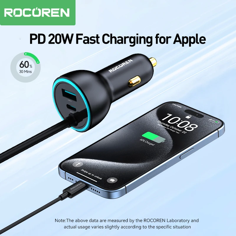 Rocoren 105W Multi 6 portów ładowarka samochodowa na tylnym siedzeniu szybko ładująca się Adapter USB typu C na tylnym siedzeniu szybka ładowarka do