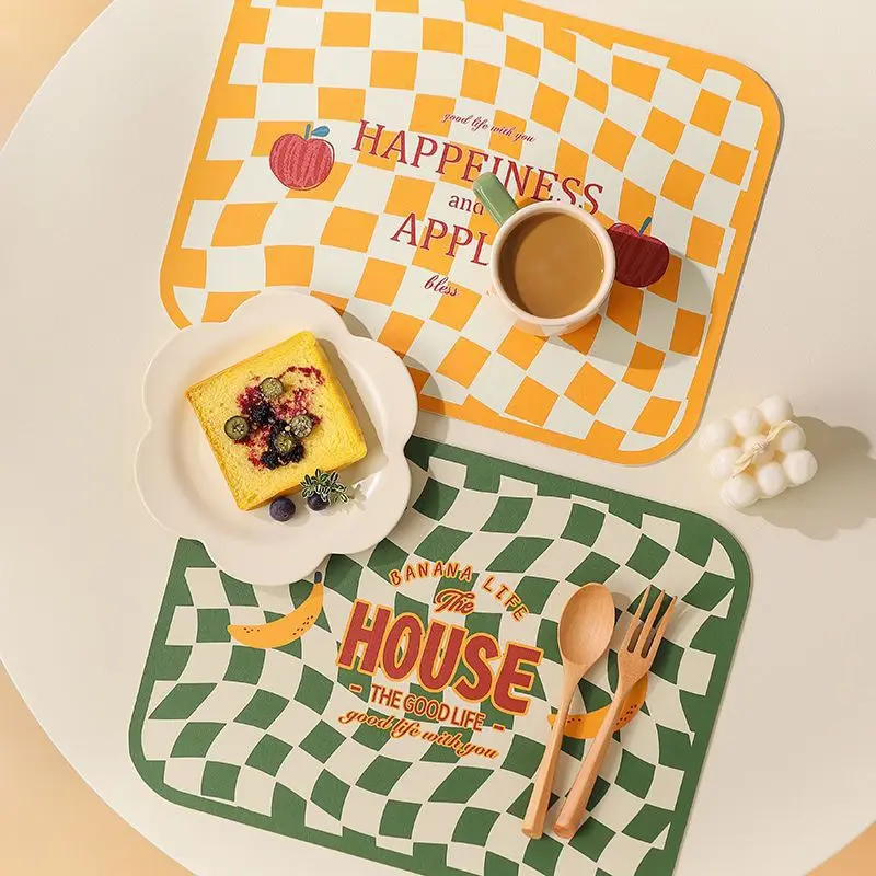 

Checkerboard placemat is oil-proof waterproof anti-scalding high-end light luxury leather placemat design Western table mat