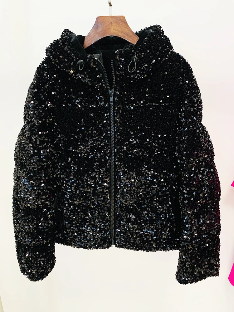 HIGH STREET Newest 2024 Winter Coat Women\'s Sparkle Sequined Hoodie Puffy Down Jacket