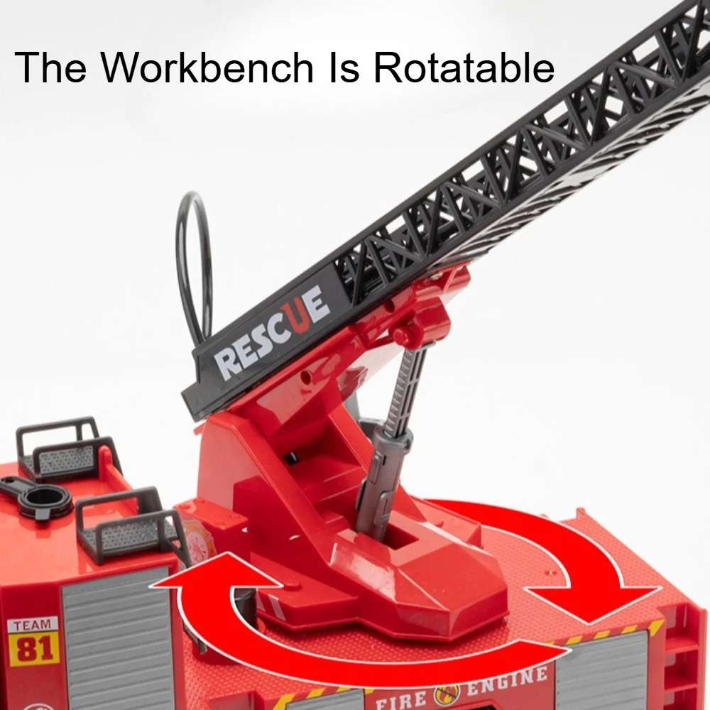 1:18 escada modelo de motor de incêndio, carro de brinquedo, luz, música, corpo de liga, spray de água, modelos de veículos, presentes de aniversário para crianças