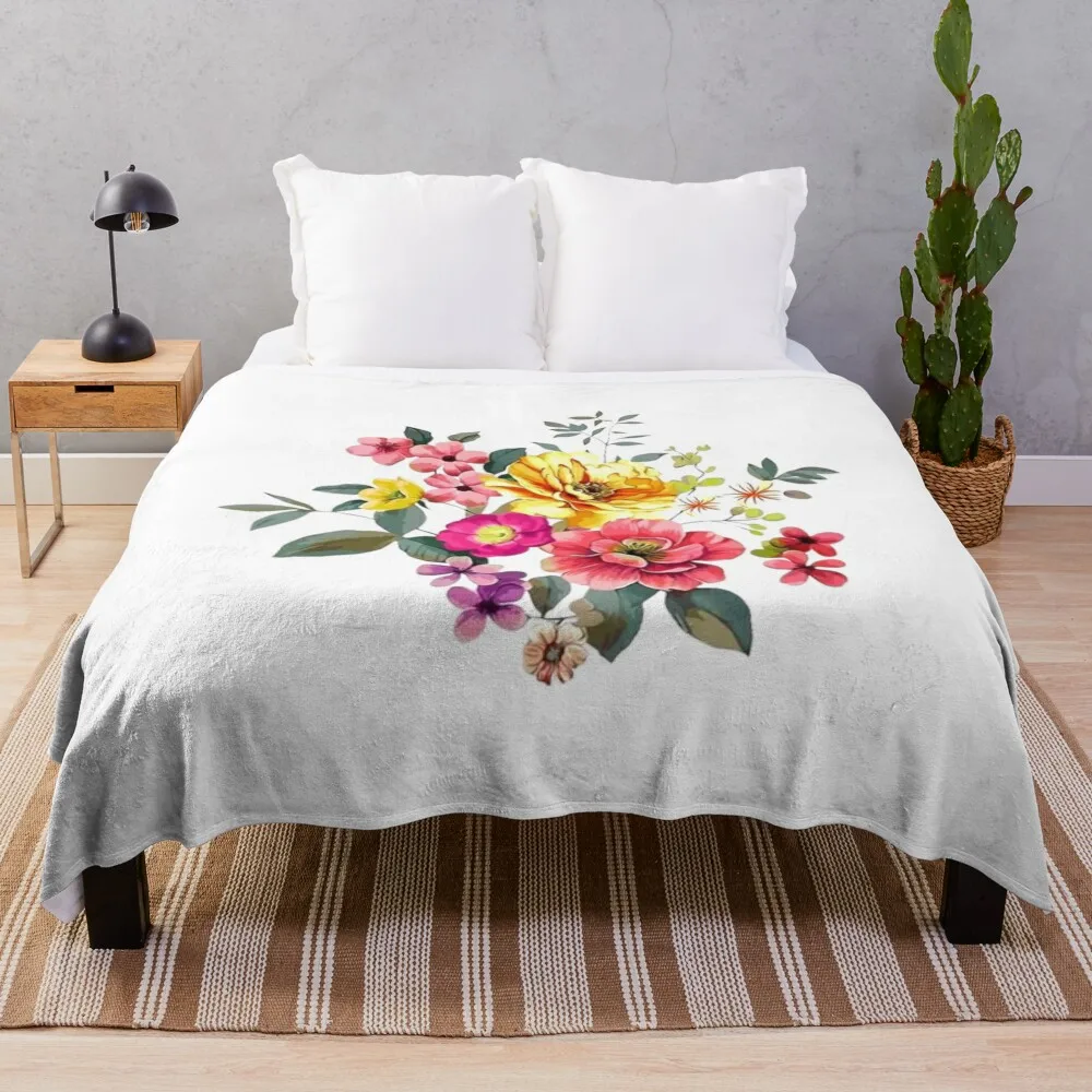 

Colorful Wildflower Watercolor Throw Blanket Large Bed linens Heavy Warm Blankets