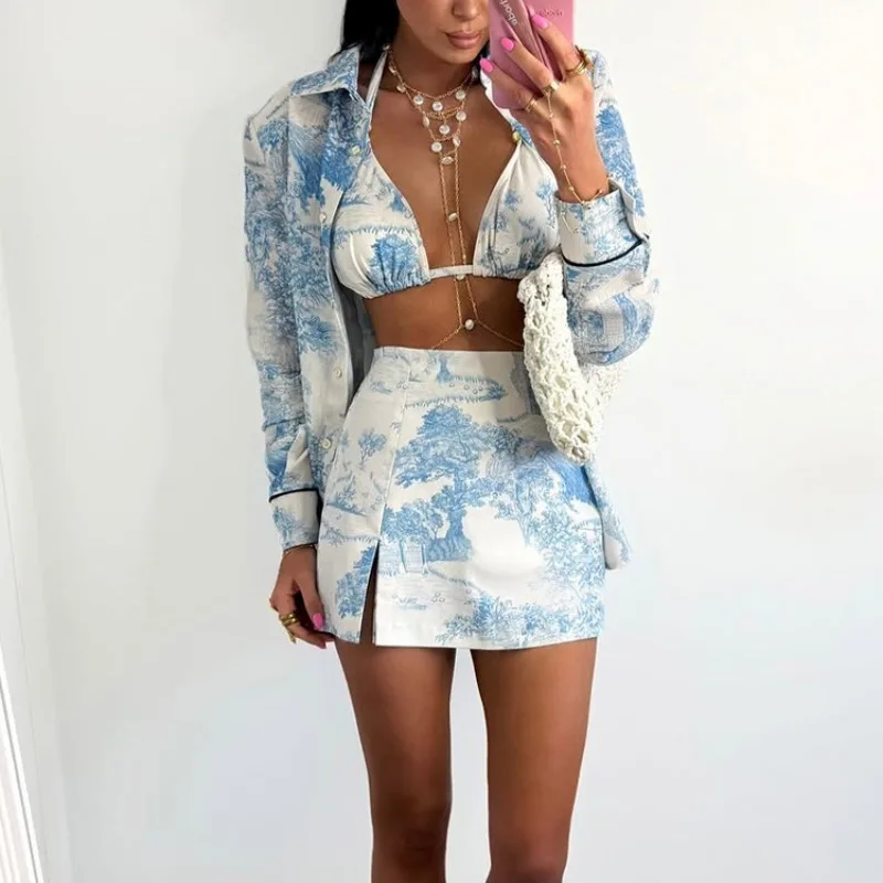 

Tuularose Women 3-Piece Dress Sets Vintage Print Shirt Jacket Sexy Vest Slit Mini Skirt Set 2025 New Contrast Female Dress Sets
