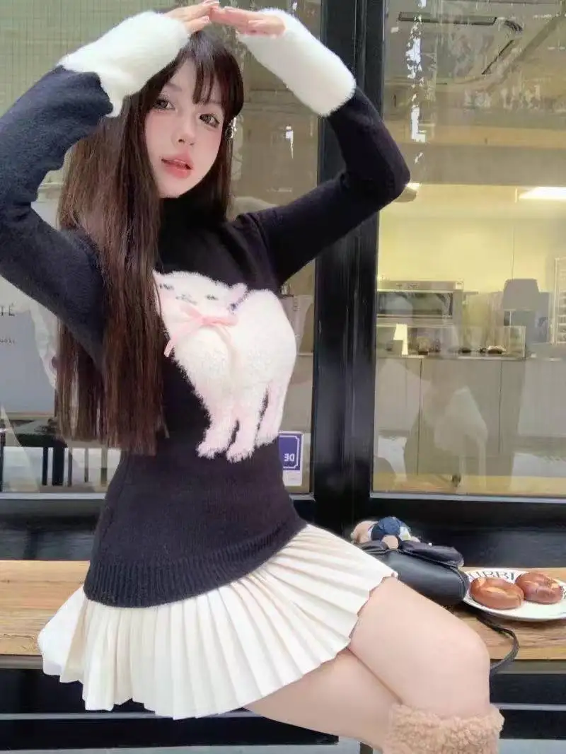 Autumn Winter Woman Cute Core Korean Kawaii Jumper Turtleneck Sweater 2000s Aesthetic Knitwears Vintage Jerseys Pullovers Cozy