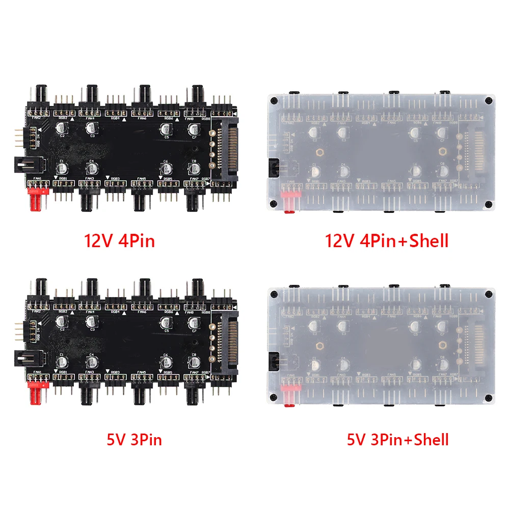 12V 4Pin/5V 3PIN 1 To 8 Multi Way Splitter ARGB/RGB PWM Fan Hub LED Light Strip Controller Addressable RGB Lighting PCB Splitter