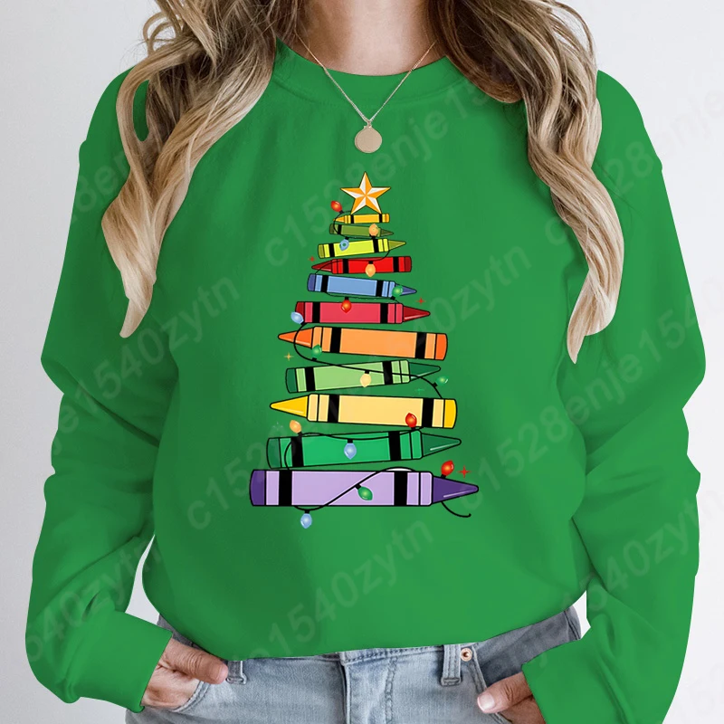 Christmas Light Teacher Crayon Tree Print O Neck Sweatshirt Fashion Women Sweatshirt Casual Pure Color Ladies Hoodeless Pullover