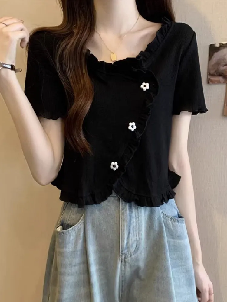 Novedad de verano, camiseta ort Sve de diseño, Faion para mujer, dobladillo asimétrico, adelgazante, versátil, longitud ort, Top coreano Sle