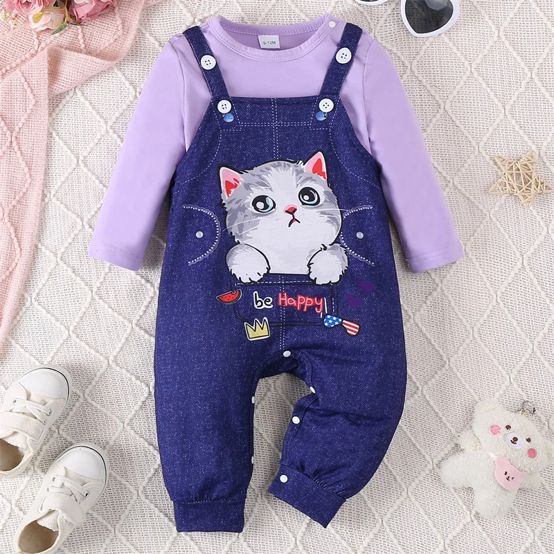 Toddler Baby Girl Outfit Round Collar Long Sleeve Romper with Cat Print Overall Pants Spring Fall Clothing Set