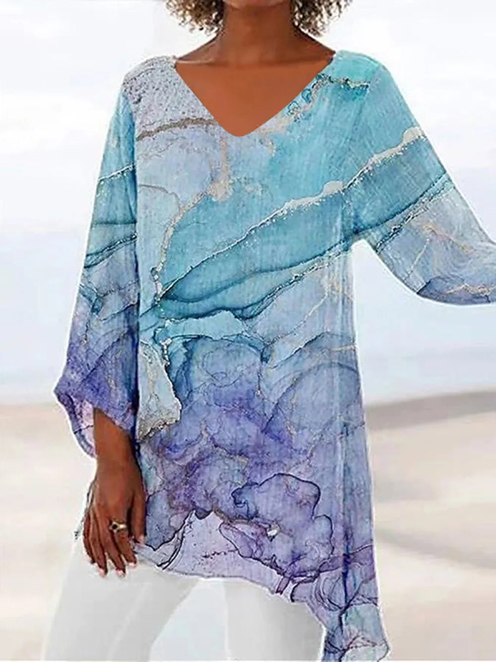 T-shirt for Women 2023 Fall New Fashion Loose Sequins Star Print Long-sleeved V-neck Blouse
