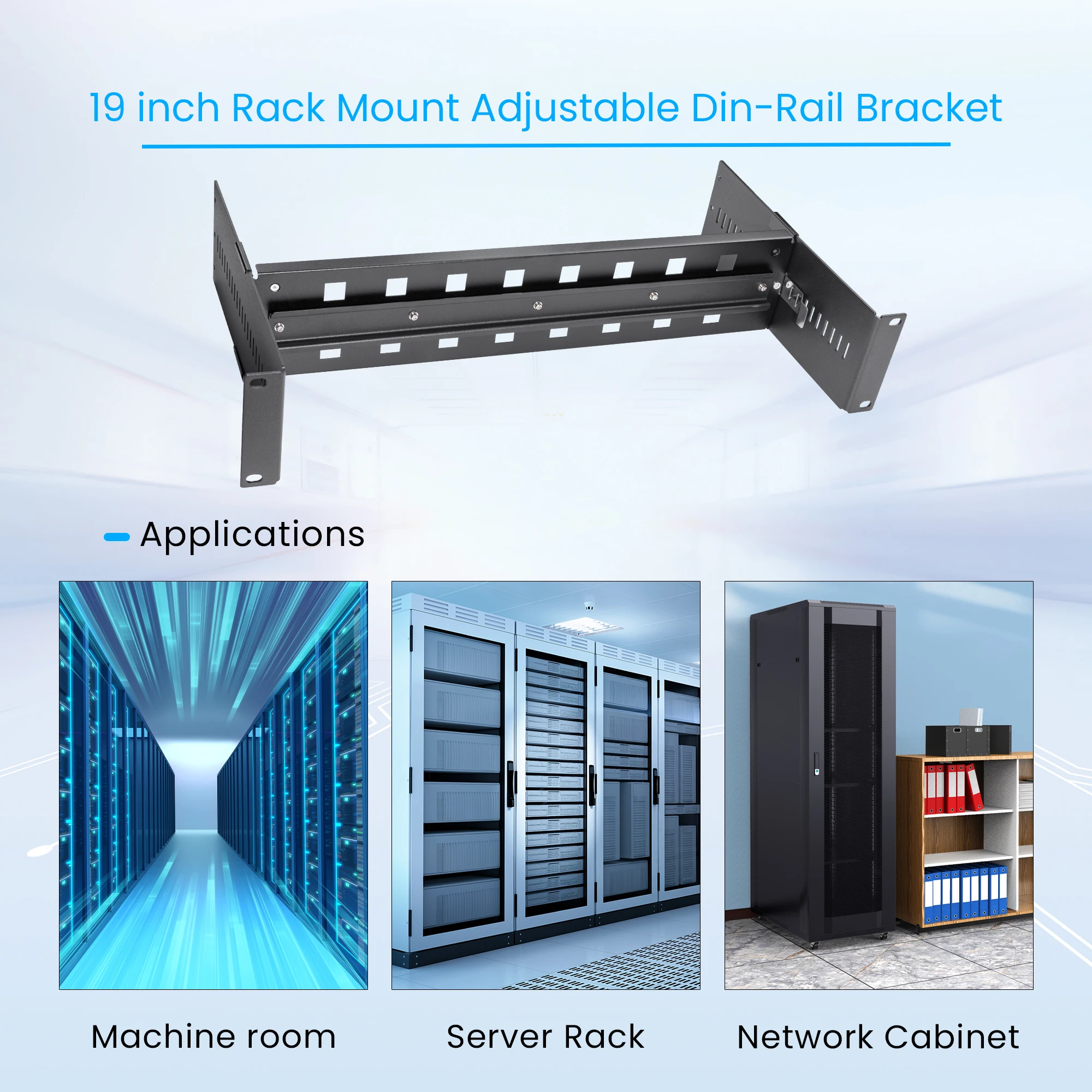 19 Inch Universal Adjustable Depth Aluminum Alloy Rack Mount DIN Rail Kit (2U) for Switch Media Converter 8 kg weight capacity