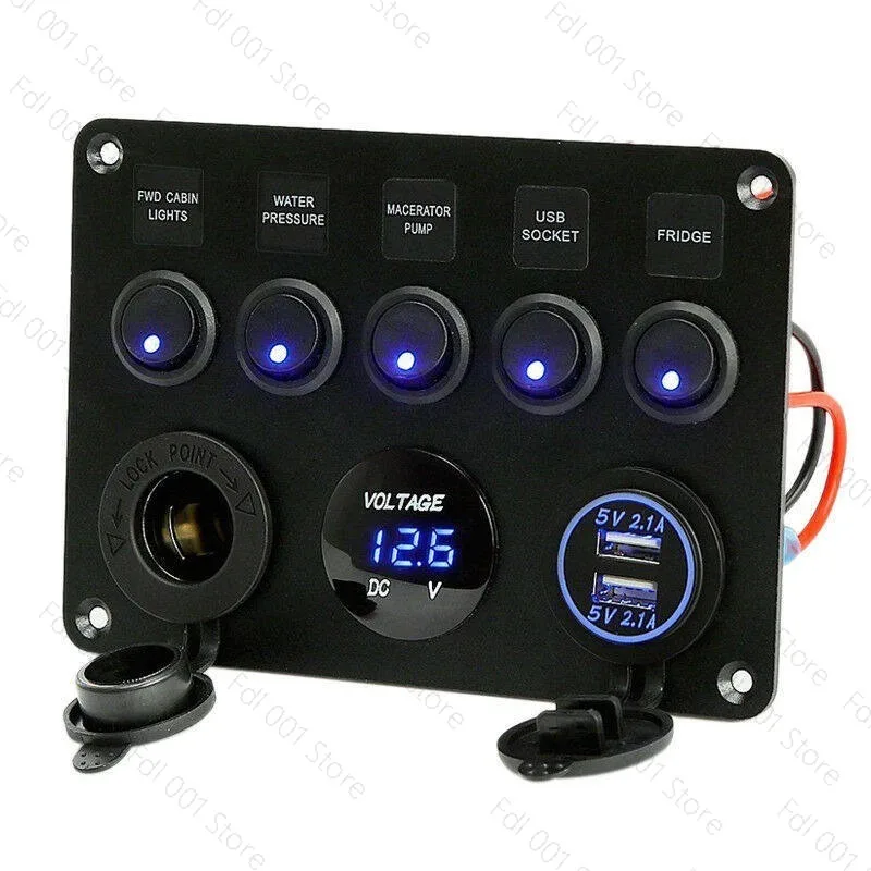 5 Gang Rocker Switch Panel with USB Charger Volt Meter for RV Boat