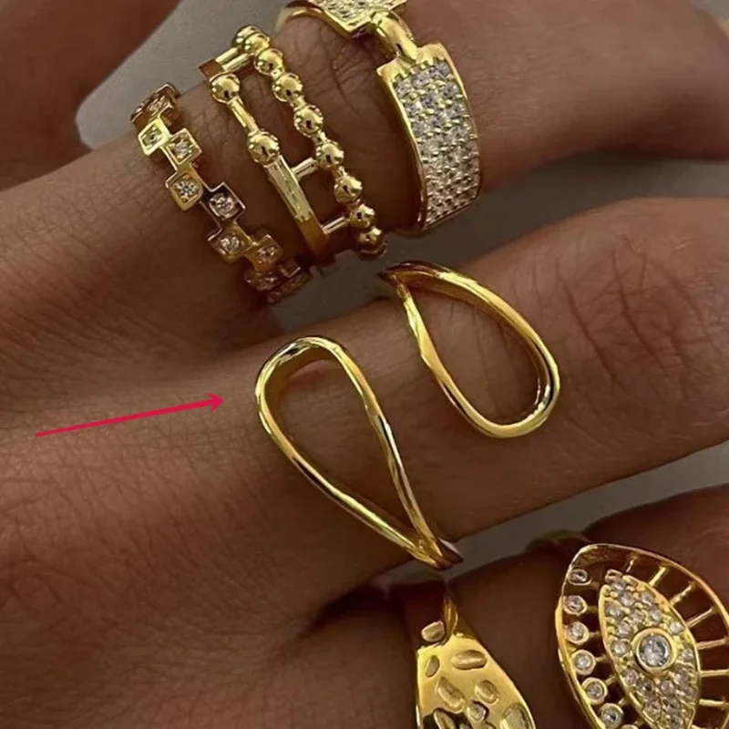 حلقة مفتوحة لامعة من الفولاذ المقاوم للصدأ على شكل خاص ، حلقة هندسية بلون ذهبي بسيط #3