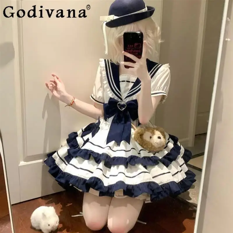 

College Style Cute Summer Dress Women's Navy Style Blue Youth Cosplay Dress Girl Bow Collar Sweet JK Cake Dress