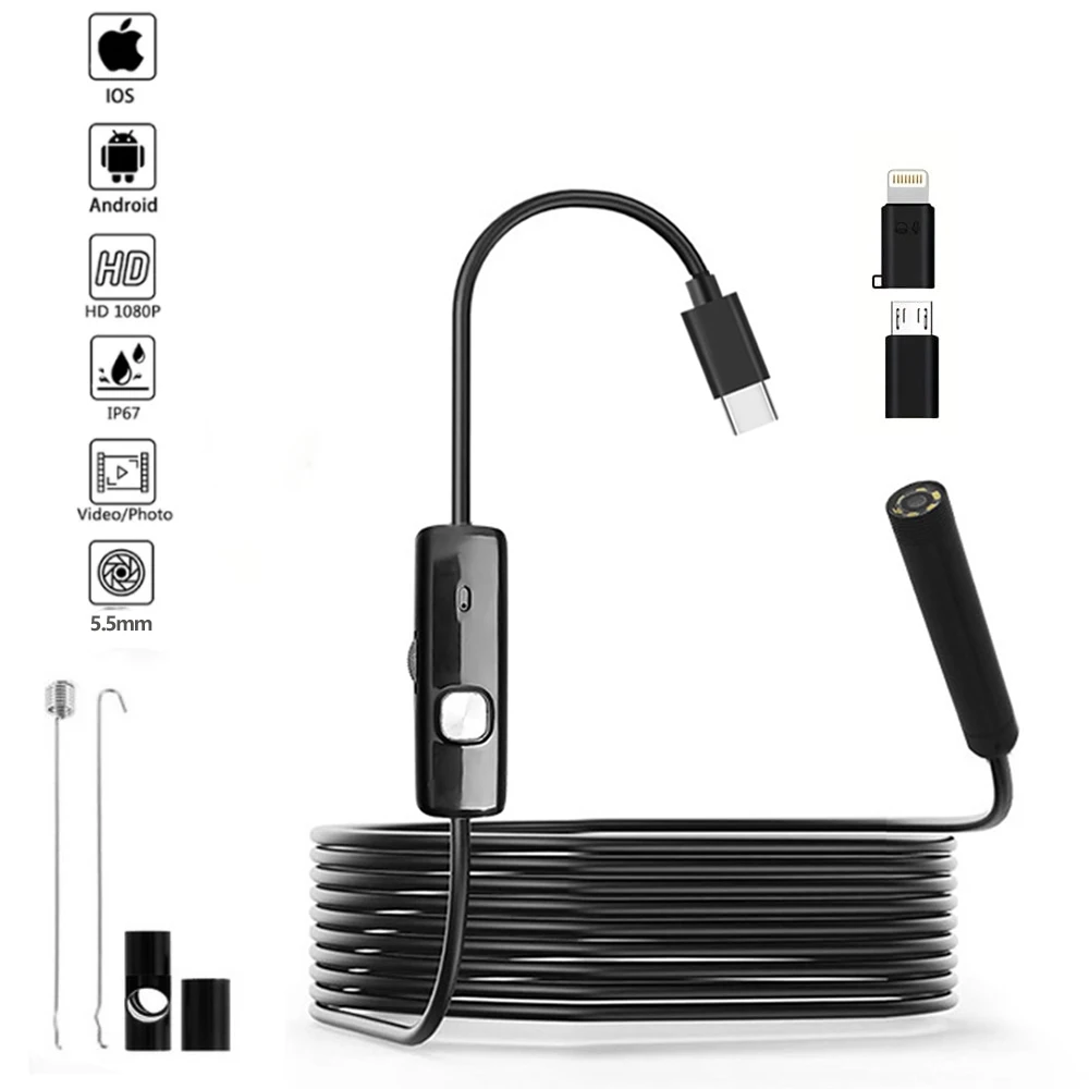 5.5mm Industrial Endoscope Camera IP67 Waterproof   HD1920P Car Sewer Pipeline Borescope for Android IOS iphone