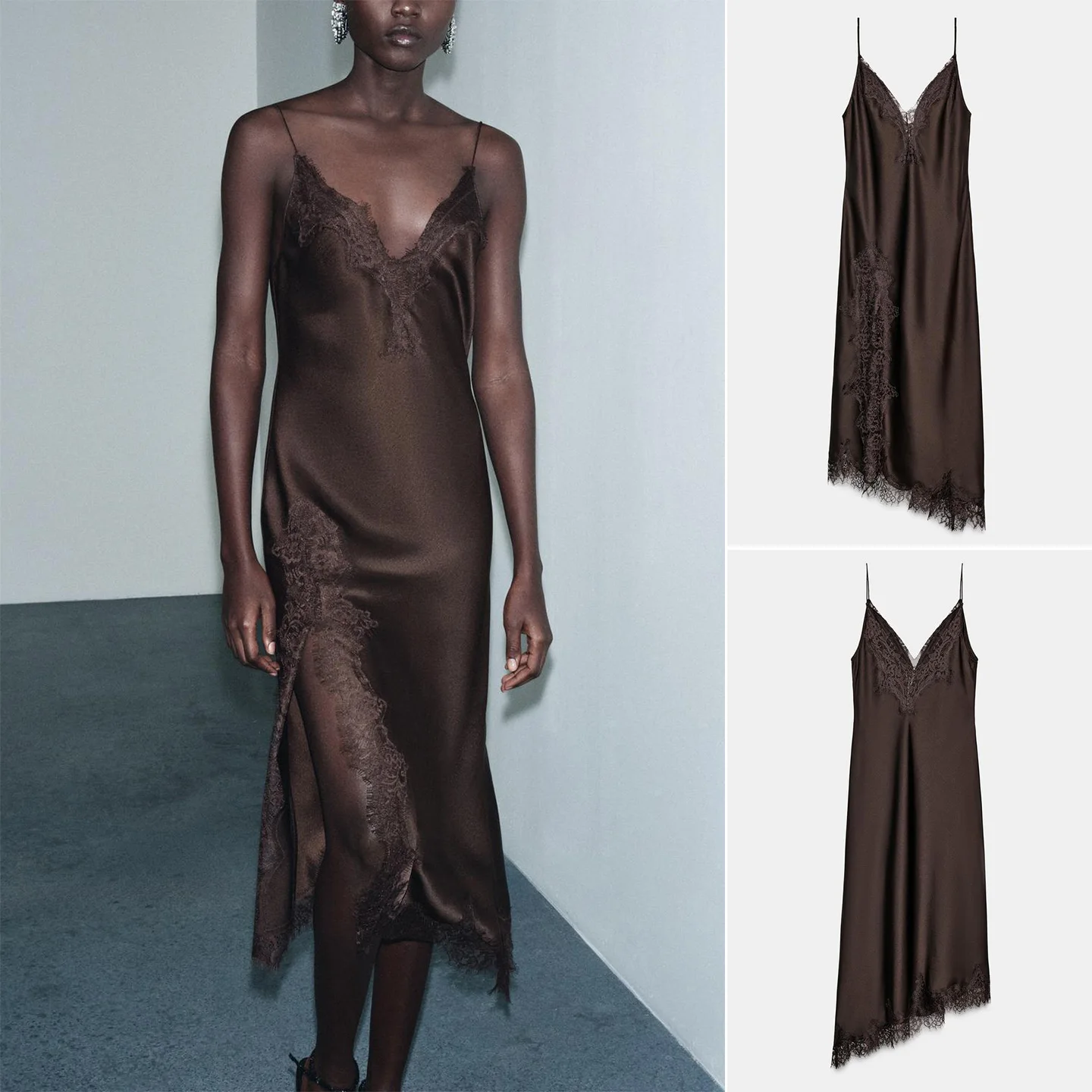 Invierno nuevas mujeres Vaion Sle V-ne dobladillo asimétrico satén de seda sensación Dr cintura alta Strapl Ci viaje adecuado