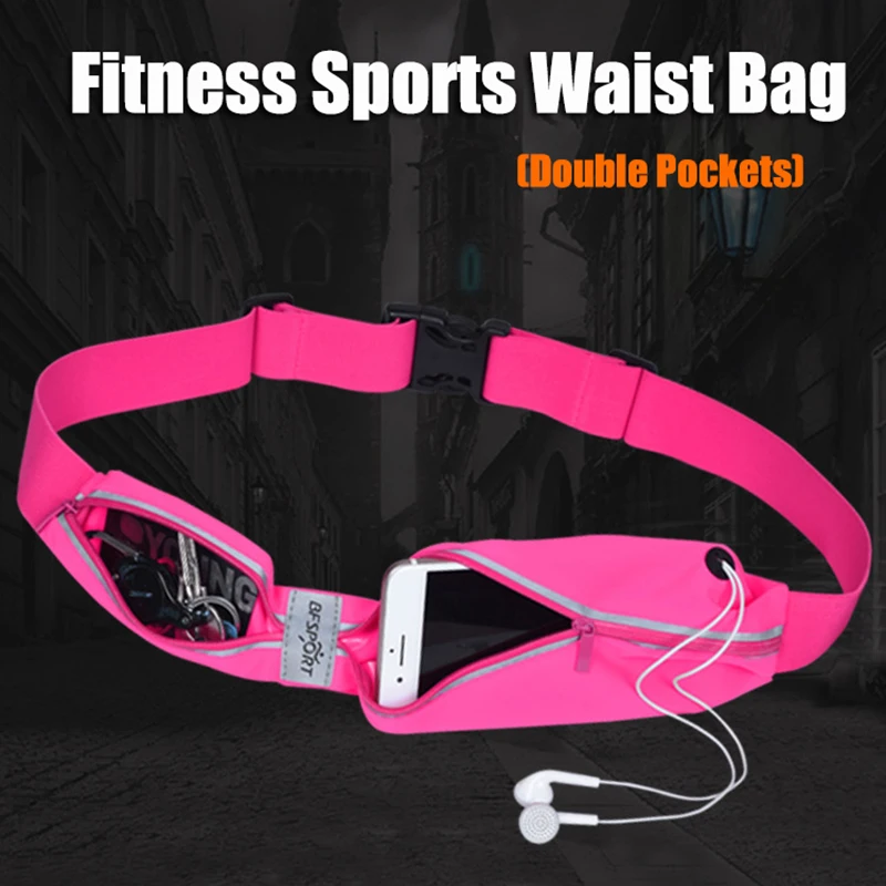 QUESHARK Double Pockets Outdoor Fitness Sports Running Waist Bag Waterproof Sweat Resistant Night Reflect Protective Fanny Pack