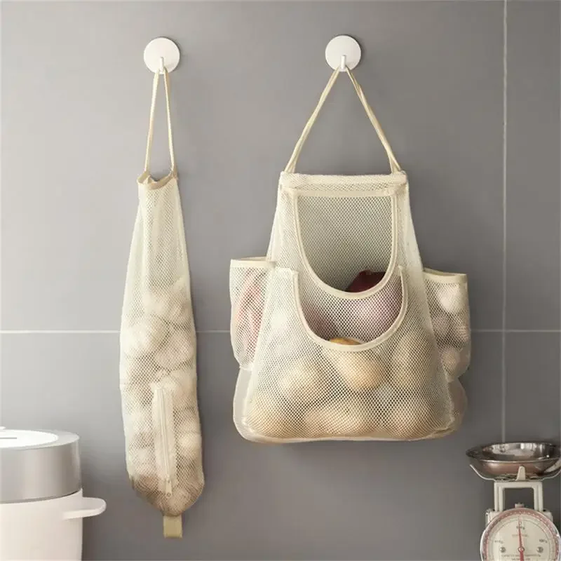 Beige Mesh Net Reusable Hanging Storage Bags Fruit Vegetable Garlic Onion Organizer Home Hollow Mesh Bag Kitchen Accessories