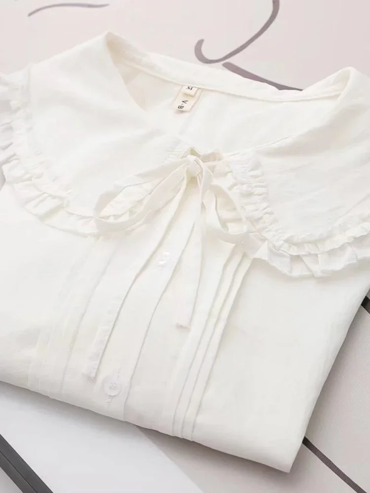 

High Quality Women White 100% Cotton Shirt Long Sleeve Peter Pan Collar Pink Bowknot Chiffon Blouse JK School Uniform Top