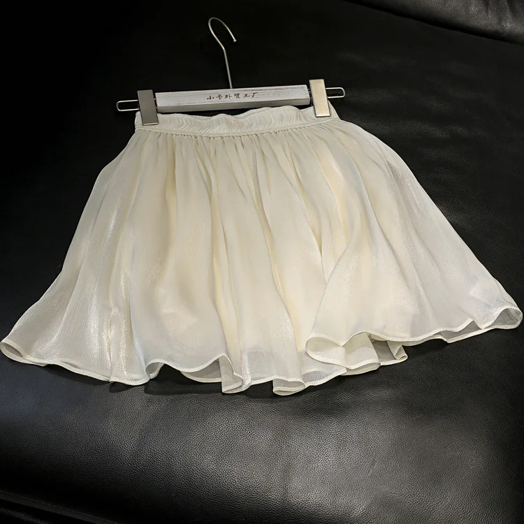 Sweet Youthful Pearl Shiny A-Line Half Skirt Women's Net Fairy Princess Short Skirt Fashionable Commute Pure Color Summer 