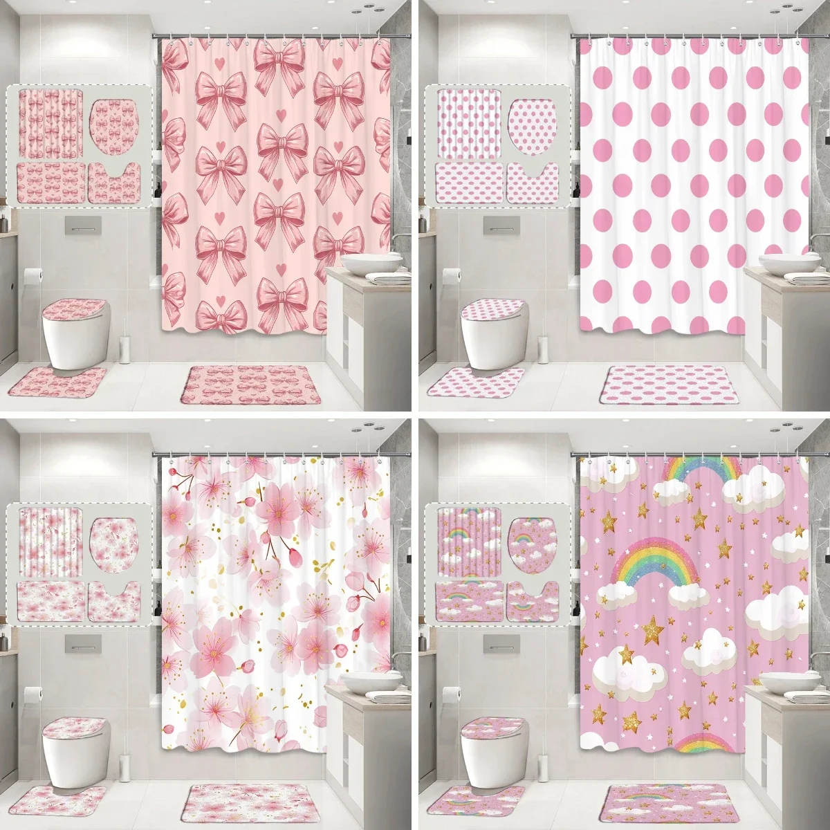 Pink Ribbon Shower Curtain and Rug Bathroom Set Rainbow Flower Polka Dot Star Shower Curtains Bath Mat Toilet Pad Bathroom Decor