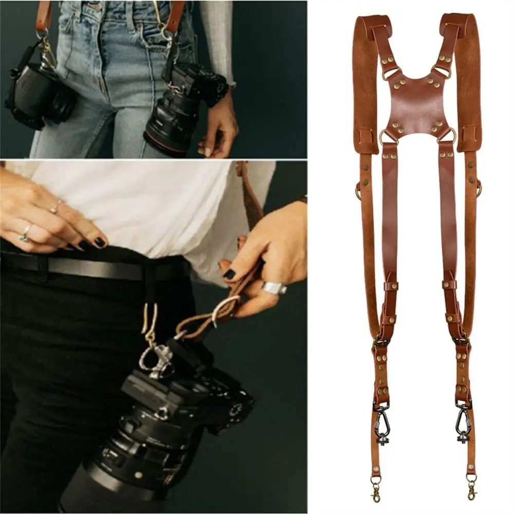 

Double Shoulder Leather Camera Strap Leather Harness Rivets Vintage Camera Shoulder Strap Adjustable Black Brown DSLR Camera