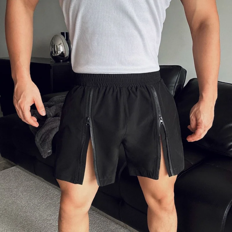 Summer Sports Fitness Shorts for Men Elastic Waist Double Zipper Thigh Muscles Display Short Pants Beach Casual Quarter Pants