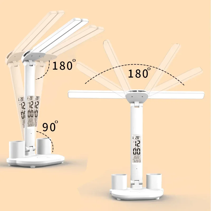 Lampada da tavolo a LED a 3 marce lampada da tavolo pieghevole con tocco dimmerabile USB con luce notturna per orologio a temperatura del calendario per lampada da lettura da studio