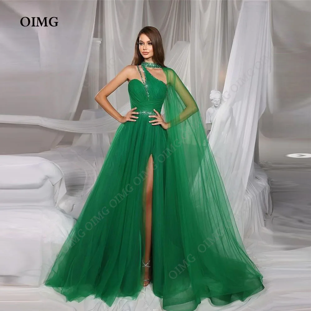 

OIMG Luxury Sequins Green A Line Vestidos De Noche Elegant High Neck Front Slit Prom Dress Green Shiny فساتين مناسبة رسمية