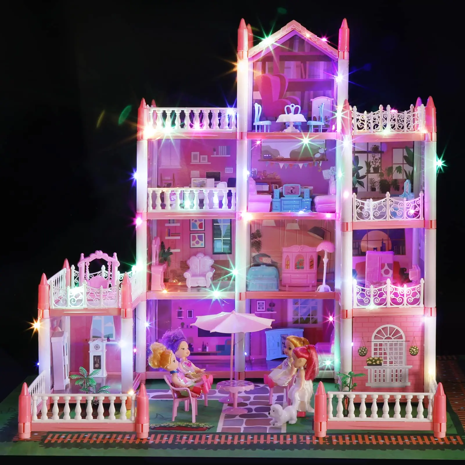 Doll House Set for Girls, Dream House Toys with 4 Dolls Furniture 4-Story 11 Rooms,Pretend Play Dreamhouse DIY with Light Kids