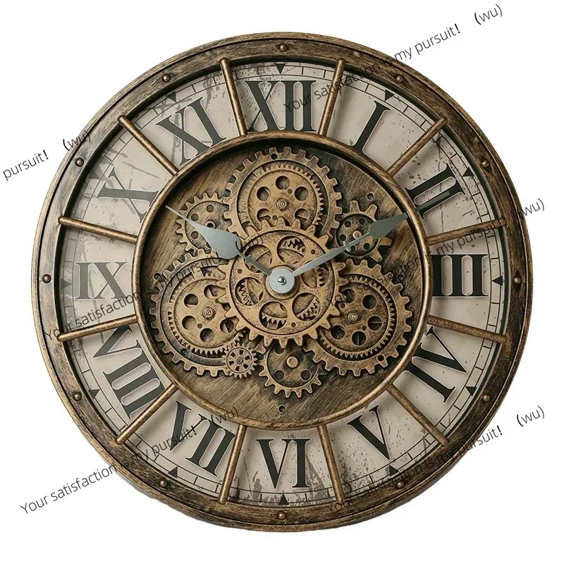 Retro Wall Clock with Moving Gears Oversized Large Industrial Steampunk Wall Clock Antique Gold Metal Roman Numeral Wall Clocks