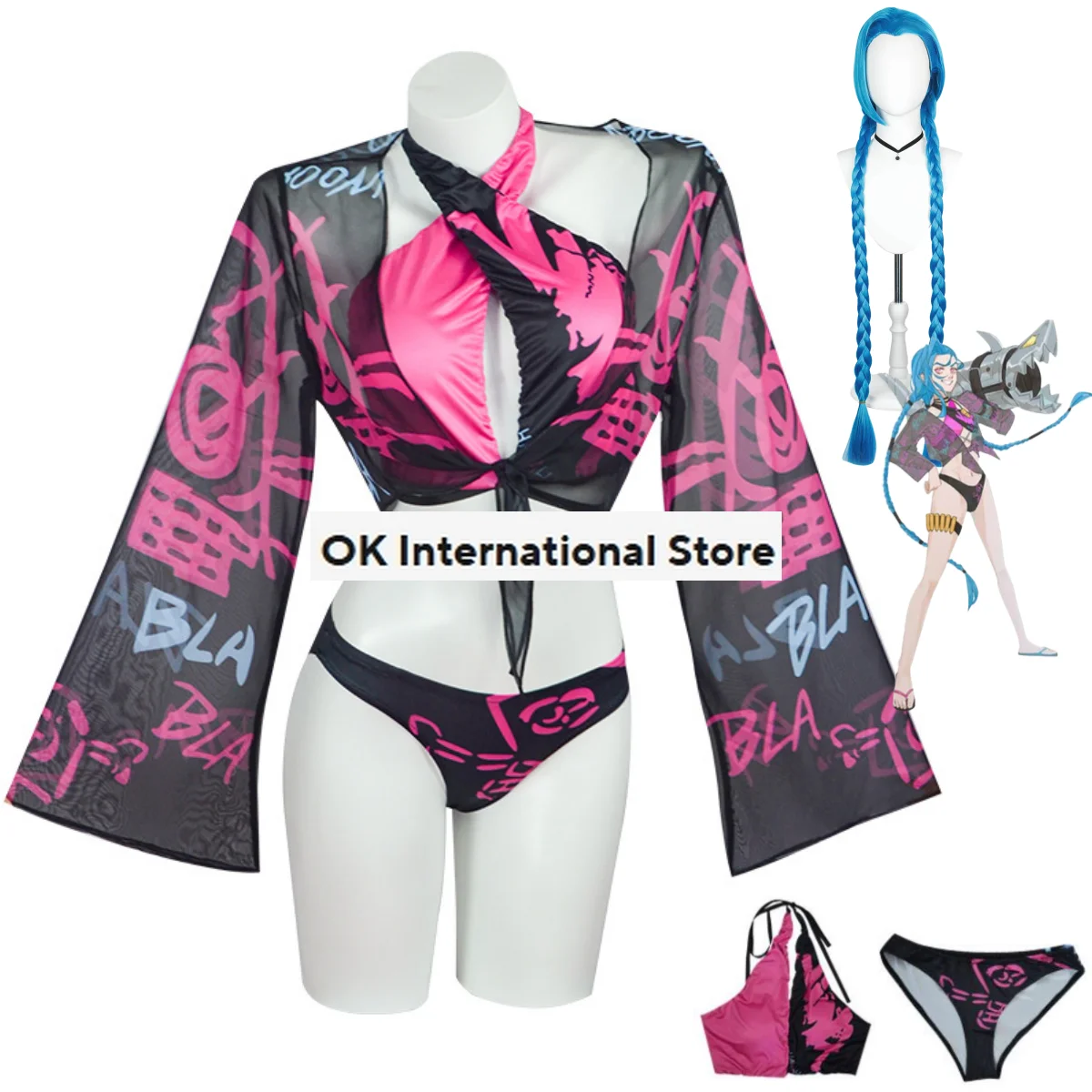 League of ATIONS End Jinx Cosplay Costume pour femme, jeu d'anime LOL, impression de perruque, maillot de bain, bikini, sexy, kawaii, fête de carnaval, trempé, adulte