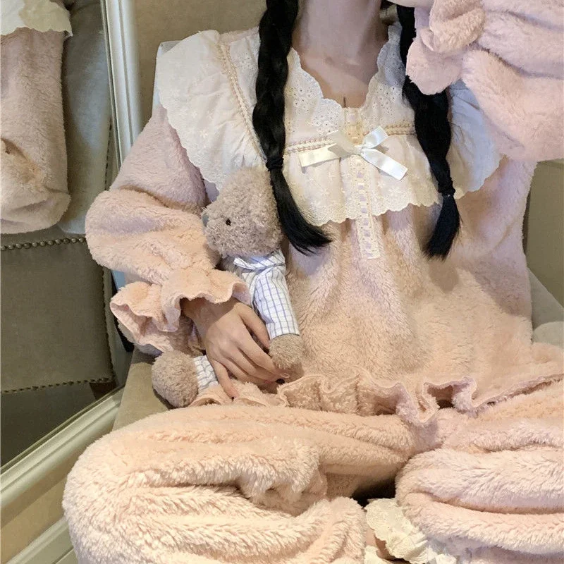 Women Pajamas Winter Thickened Warm Two-Piece Suit Casual Ventilate Coral Fleece Nightclothes Sets Loose Solid Color Homewear